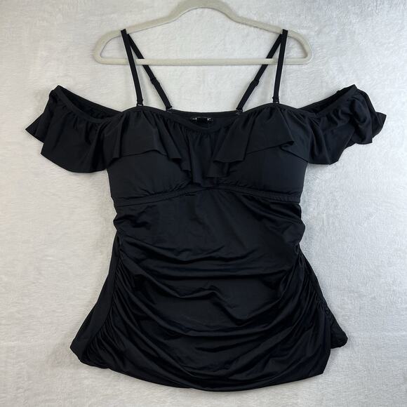 City Chic Plus S 16 Swimsuit Elba Tankini Top Off The Shoulder Ruched Black - Picture 4 of 15